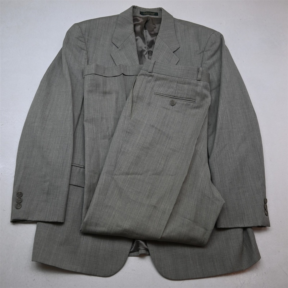 Vtg Y2K 2000s Boxy 40R 32x32 Gray 100% Wool Mens Jacket Pants Suit